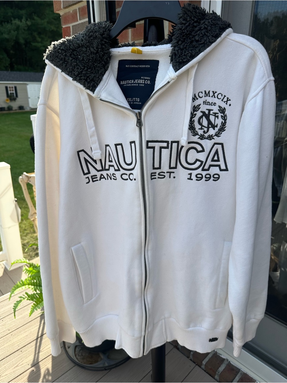 Nautica White Zip-Up Hoodie with Dark Gray Sherpa Lining